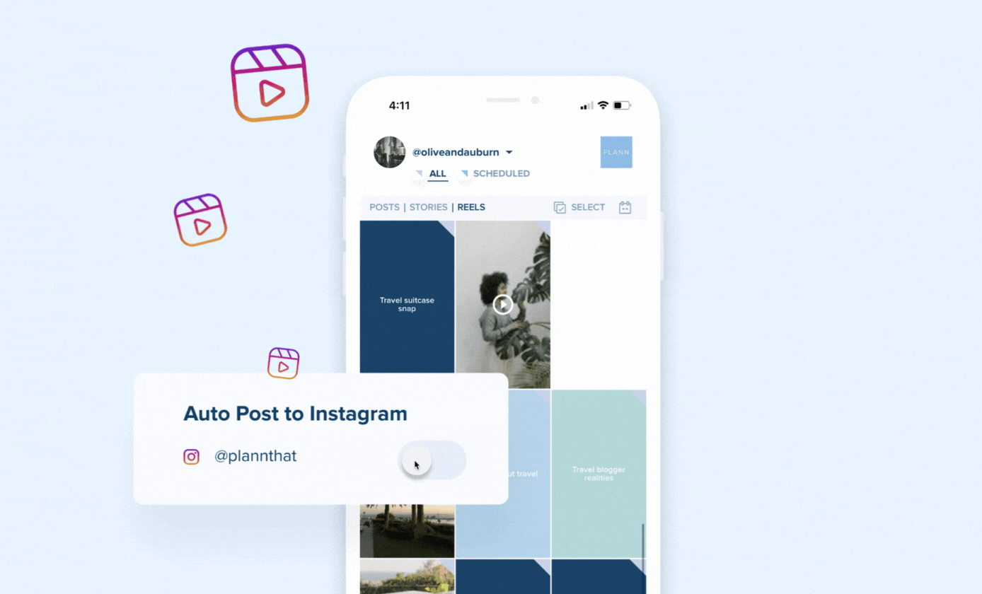 Mobile interface showing automatic Instagram post scheduling with a toggle switch, clapperboard icons with play symbols floating around, and the username "@oliveandauburn" visible | plannthat.com