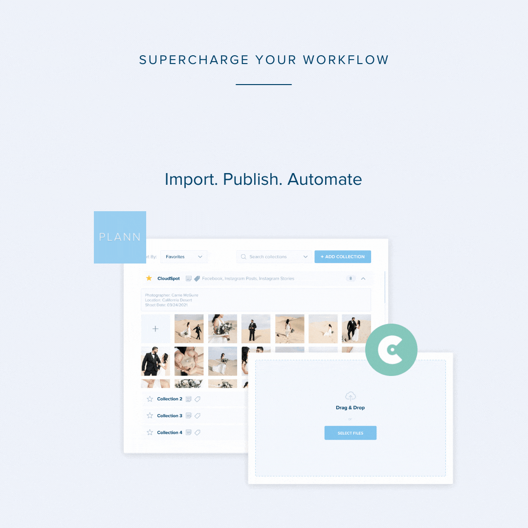 Screenshot of Plann's interface for importing, publishing, and automating social media content, featuring a drag-and-drop upload area and collection management | social media scheduler | plannthat.com