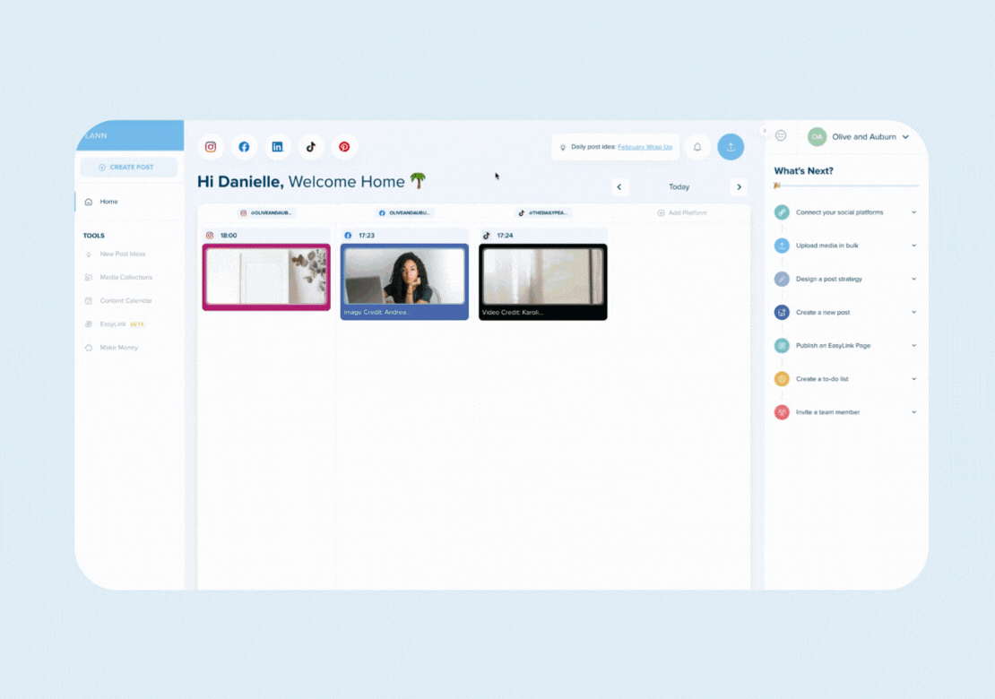 Animated GIF of an eCommerce dashboard interface displaying a welcome message, content scheduling tools, and a sidebar with tasks. The interface includes options for creating posts, managing media, and viewing analytics, ideal for a social media scheduler. | plannthat.com