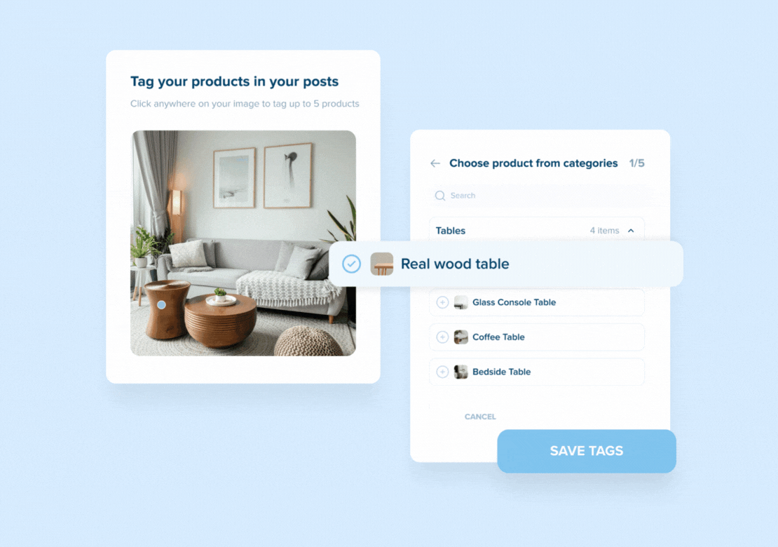 User interface for tagging products in images showing a living room scene with a wooden table tagged as "Real wood table" and a product selection menu, demonstrating an Instagram scheduler feature | plannthat.com
