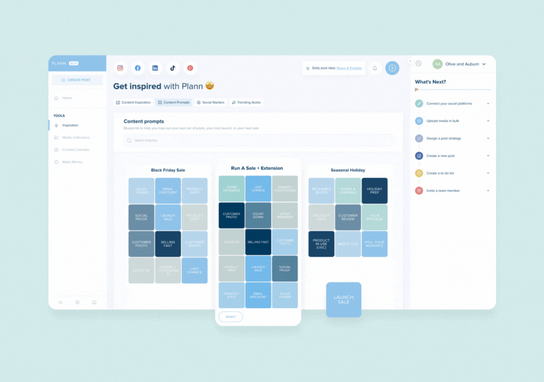 A content planning dashboard from Plann, showcasing tools for creating posts, inspiration prompts for sales and holidays, and a "What's Next?" checklist for tasks. Social media icons are displayed at the top, ideal for a social media planner. | plannthat.com