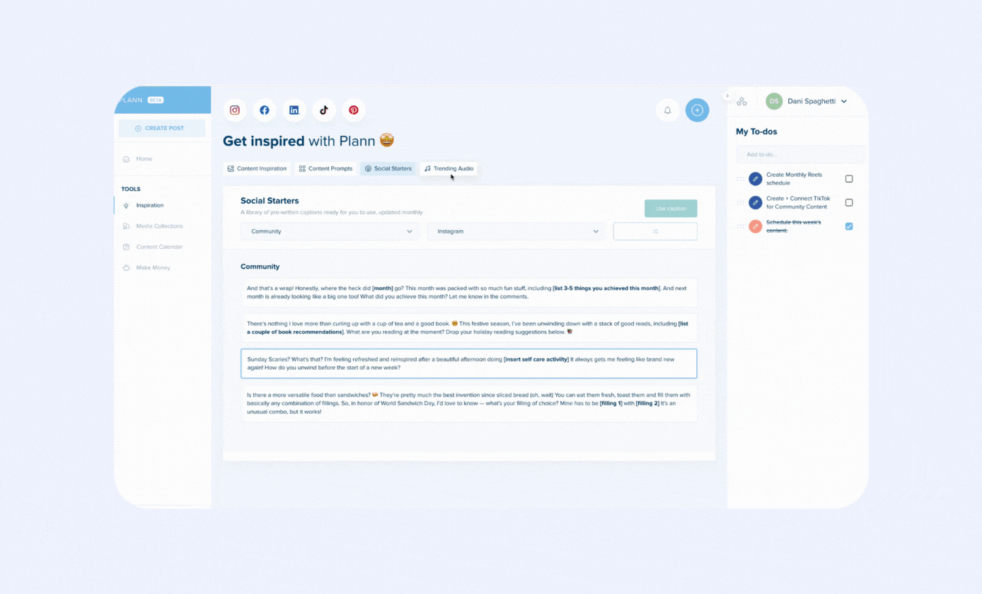 Screen recording of trending TikTok songs and trending Reels found inside the Plann Workspace.