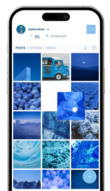 A smartphone displays an Instagram profile with a grid of blue-themed photos, including landscapes, objects, and abstract images. The username and options like "All" and "Scheduled" are visible at the top, showcasing the use of an Instagram scheduler. | plannthat.com