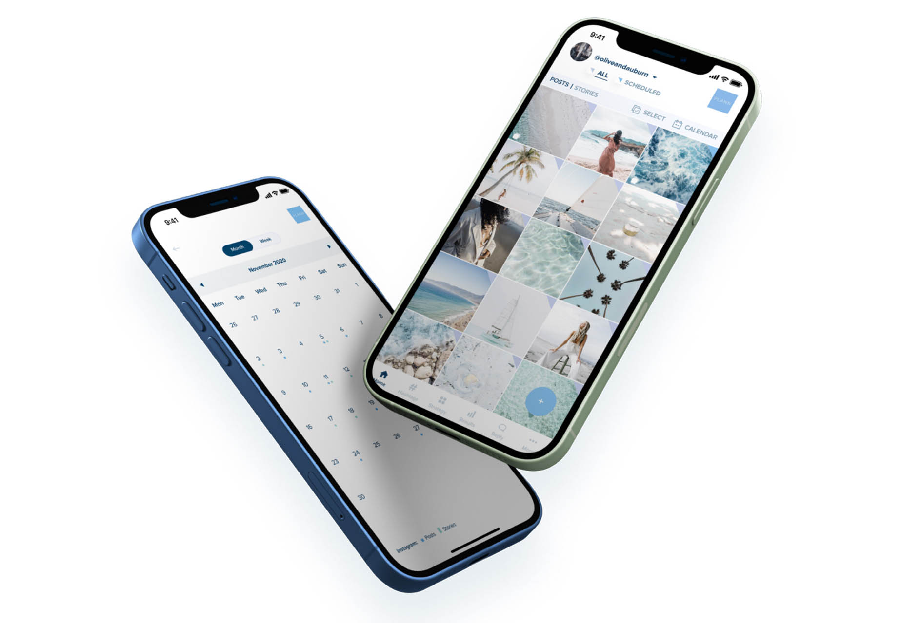 Two smartphones displaying a calendar app and a social media profile with photos, showcasing scheduling and image management features, emphasizing usability and interface design | plannthat.com