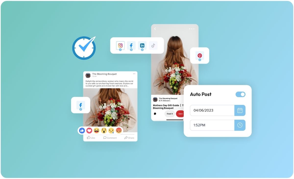 A graphic showing social media scheduling tools with a post featuring a bouquet of flowers. Icons for Facebook, Instagram, Pinterest, and TikTok are visible, along with a calendar and clock indicating auto-posting features, highlighting the benefits of a social media scheduler. | plannthat.com