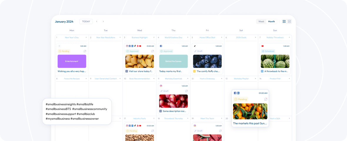 A digital calendar for January 2024 with scheduled posts, images, and hashtags for small businesses, featuring New Year's Day, business highlights, user-generated content, and industry facts | Social media scheduler | plannthat.com