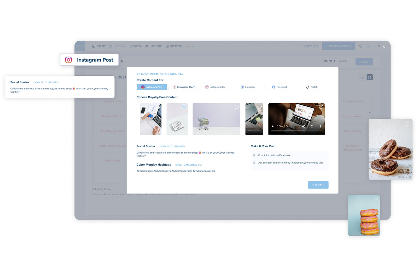 Content creation dashboard for Cyber Monday, showing options to create posts for Instagram, LinkedIn, and Facebook, with royalty-free images and editable text templates | Social media scheduler | plannthat.com