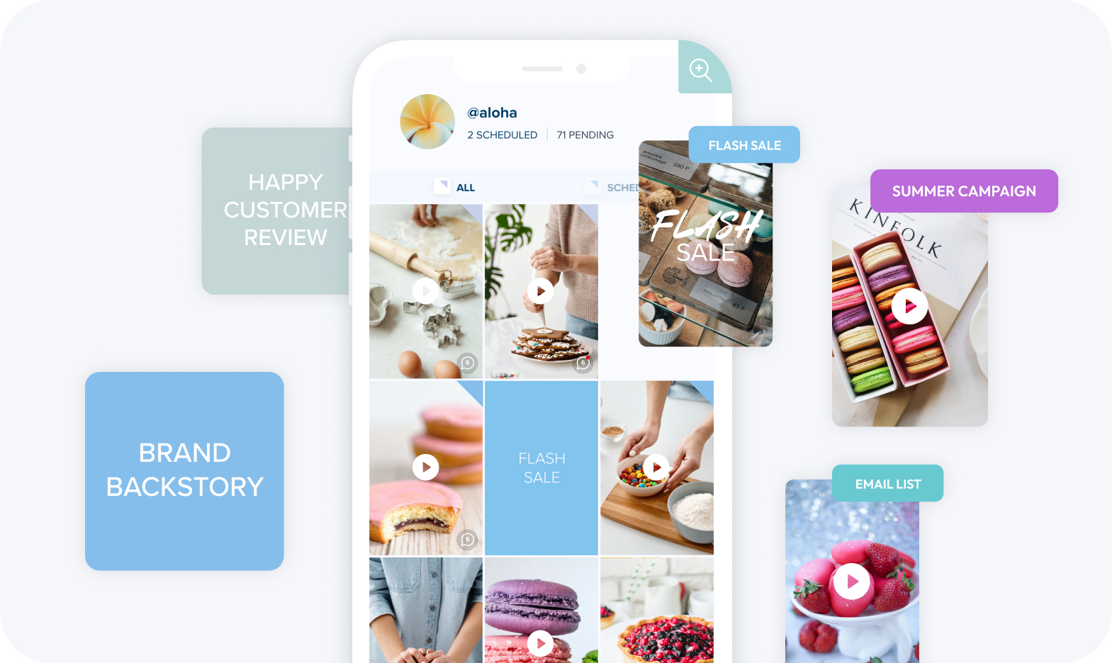 A smartphone screen showcasing a social media app with food images and videos. Labels read "Flash Sale," "Happy Customer Review," "Brand Backstory," "Summer Campaign," and "Email List." Ideal for users of a social media scheduler to streamline content posting. | plannthat.com