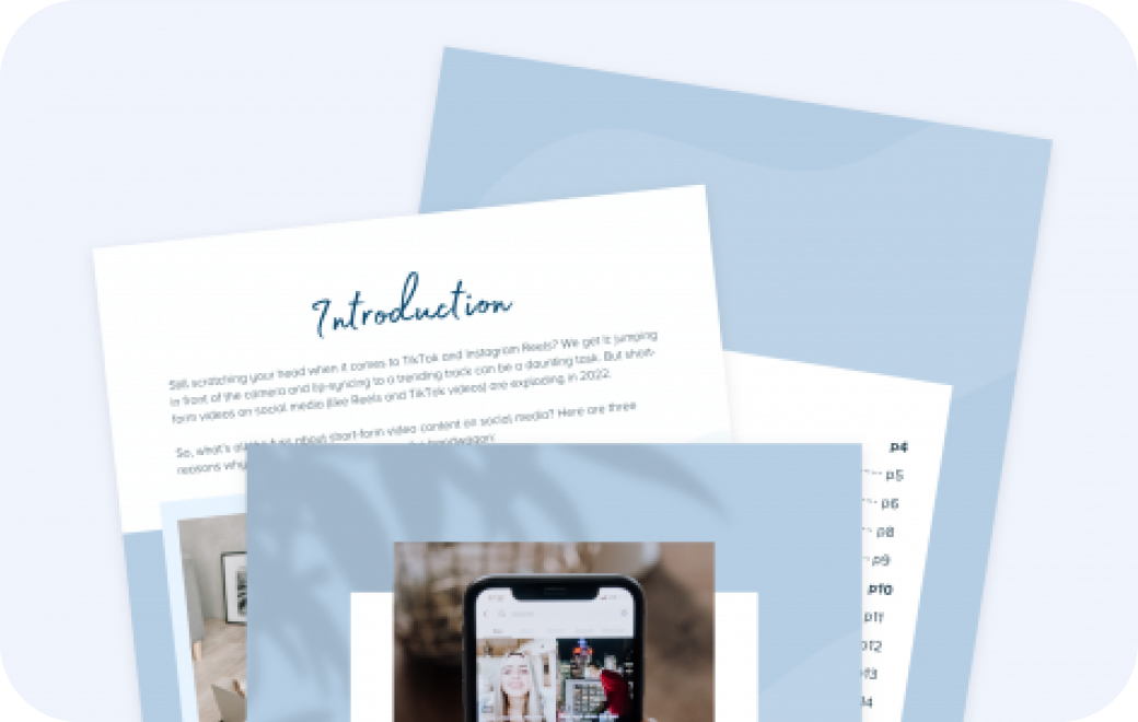 A stack of documents with an introduction page on top, featuring text and a smartphone image, slightly overlapping on a light blue background, representing a social media scheduler | plannthat.com