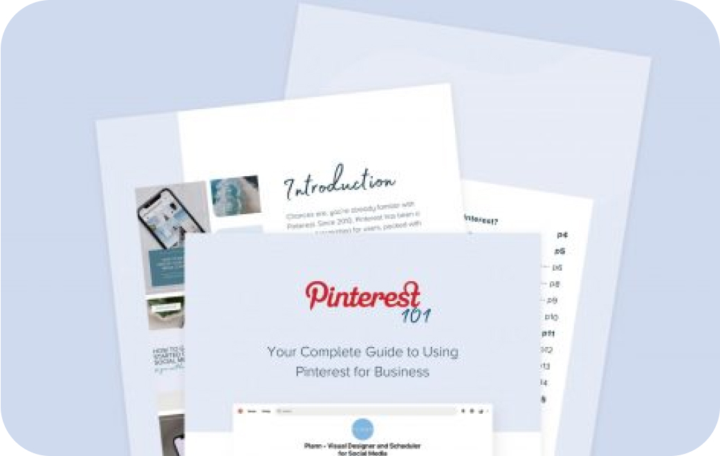 A stack of documents titled "Pinterest 101: Your Complete Guide to Using Pinterest for Business" with an introduction page and various sections visible, set against a light blue background, ideal for a social media planner | plannthat.com