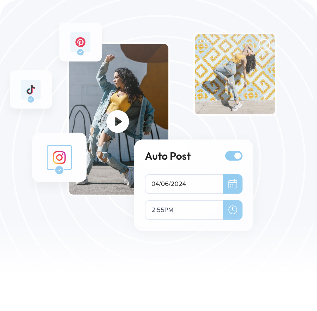 A woman in casual attire dances surrounded by icons for TikTok, Instagram, and Pinterest, with a calendar and clock indicating an auto-post scheduled for 04/06/2024 at 2:55 PM, showcasing a social media scheduler | plannthat.com