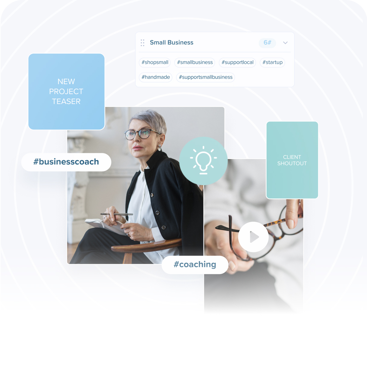 A business coach sits with a notebook, surrounded by tags like #businesscoach, #coaching, and small business hashtags. Elements like "New Project Teaser" and "Client Shoutout" are included in the design, highlighting the use of a social media planner. | plannthat.com