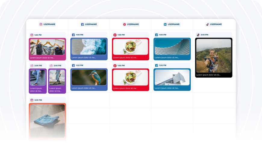 A social media content schedule displaying posts for Instagram, Facebook, Pinterest, LinkedIn, and TikTok, organized by times with various images and placeholder text | Social media scheduler | plannthat.com
