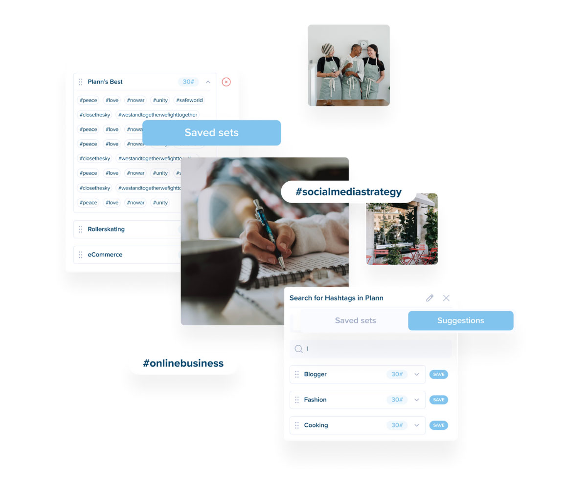 A collage showing hashtag suggestions, saved hashtag sets, and images related to social media strategy, online business, and blogging on the Plann platform, highlighting the features of a social media scheduler | plannthat.com
