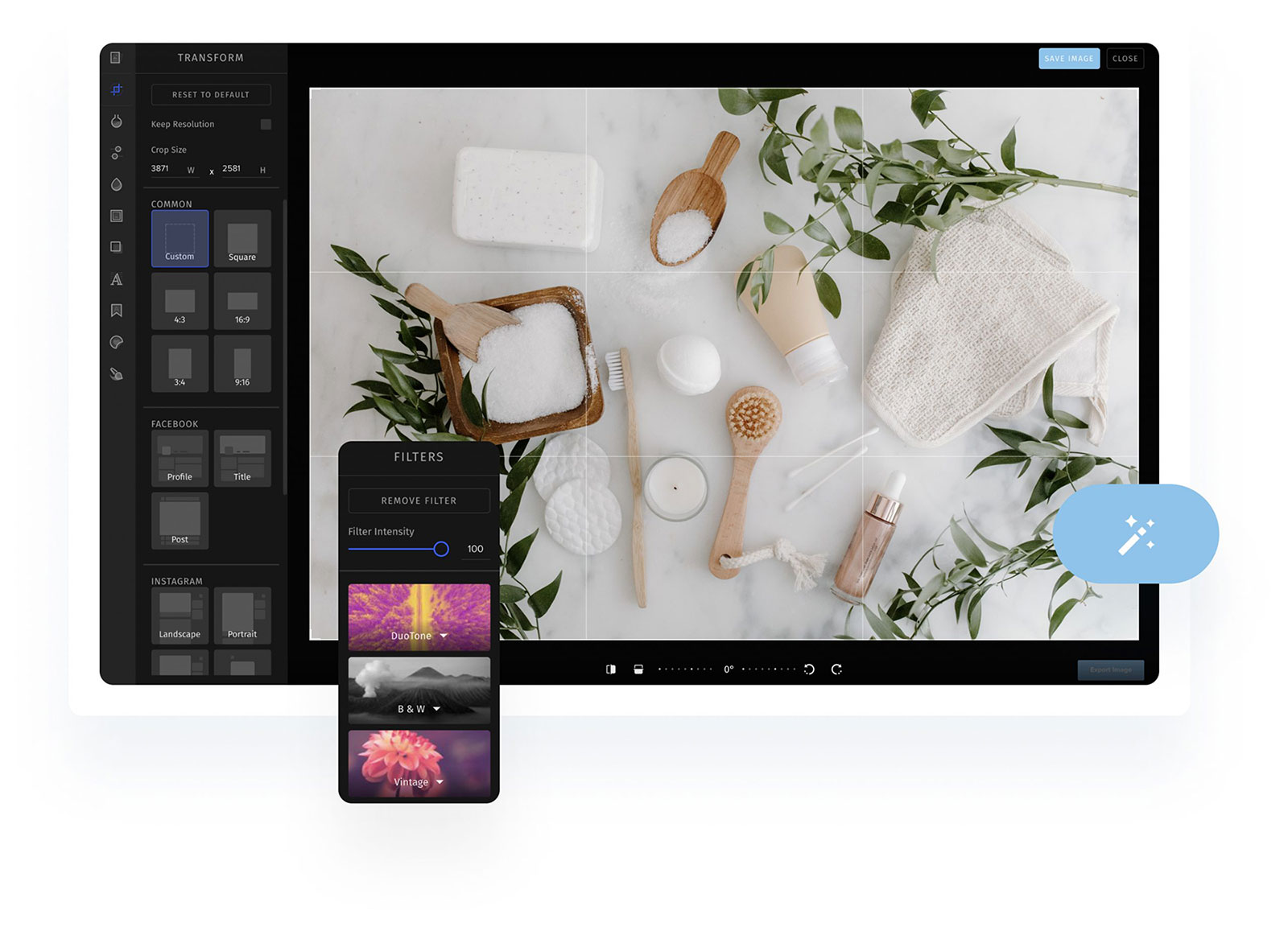 Image editing software interface displaying various filters and tools, with a photograph of spa items including a soap bar, brush, candle, and greenery. The editing options include cropping and filter intensity adjustments, ideal for a social media scheduler | plannthat.com