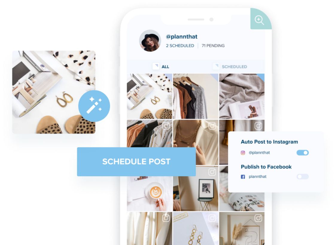 Mobile app interface showing a social media scheduler with a grid of image previews, options to schedule posts, auto-post to Instagram, and publish to Facebook | plannthat.com