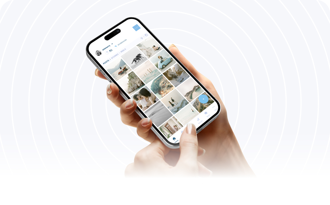 A hand holding a smartphone displaying a social media app with a grid of photos, set against a background of light, concentric circles, showcasing a social media scheduler | plannthat.com