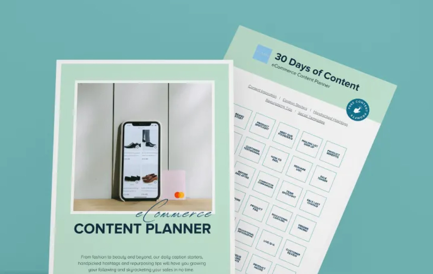 eCommerce content planner with a phone displaying products, a 30-day content schedule, and tips for boosting sales and engagement using a social media scheduler | plannthat.com
