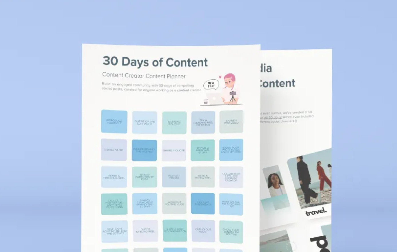 "30 Days of Content" planner for content creators, featuring a 30-day grid of social post ideas like "Introduce Yourself" and "Travel Vlog." Includes illustrations and sample posts for engaging online communities | Social media planner | plannthat.com