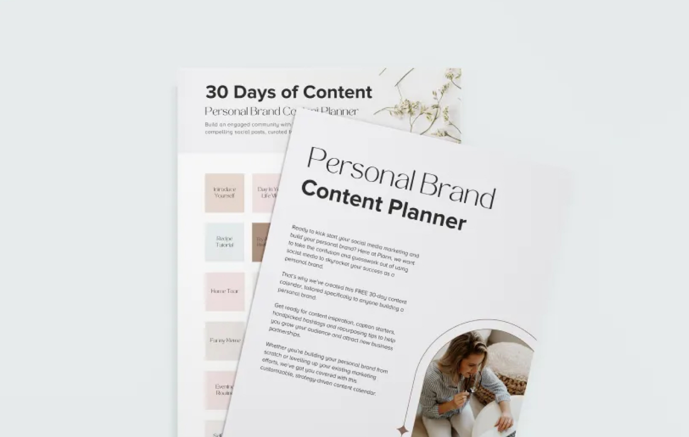 Two documents titled "30 Days of Content" and "Personal Brand Content Planner," designed to help build a personal brand with structured social media posts, are displayed on a light background, serving as a social media planner | plannthat.com