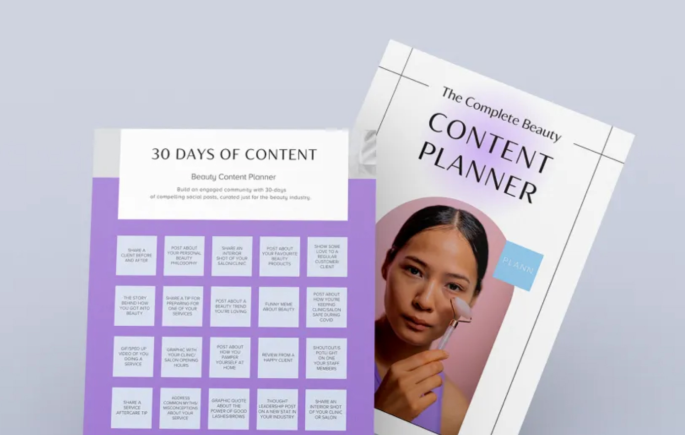 Beauty content planner with "30 Days of Content" guide, featuring post ideas like client before/after, beauty philosophy, and product reviews. Cover shows a woman using a facial roller, ideal for building an engaged beauty community | Social media planner | plannthat.com