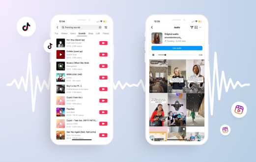Two smartphones displaying TikTok trending sounds and Instagram Reels audio library, with a background featuring sound waves and app icons, emphasizing audio content sharing on social media platforms using a social media scheduler | plannthat.com