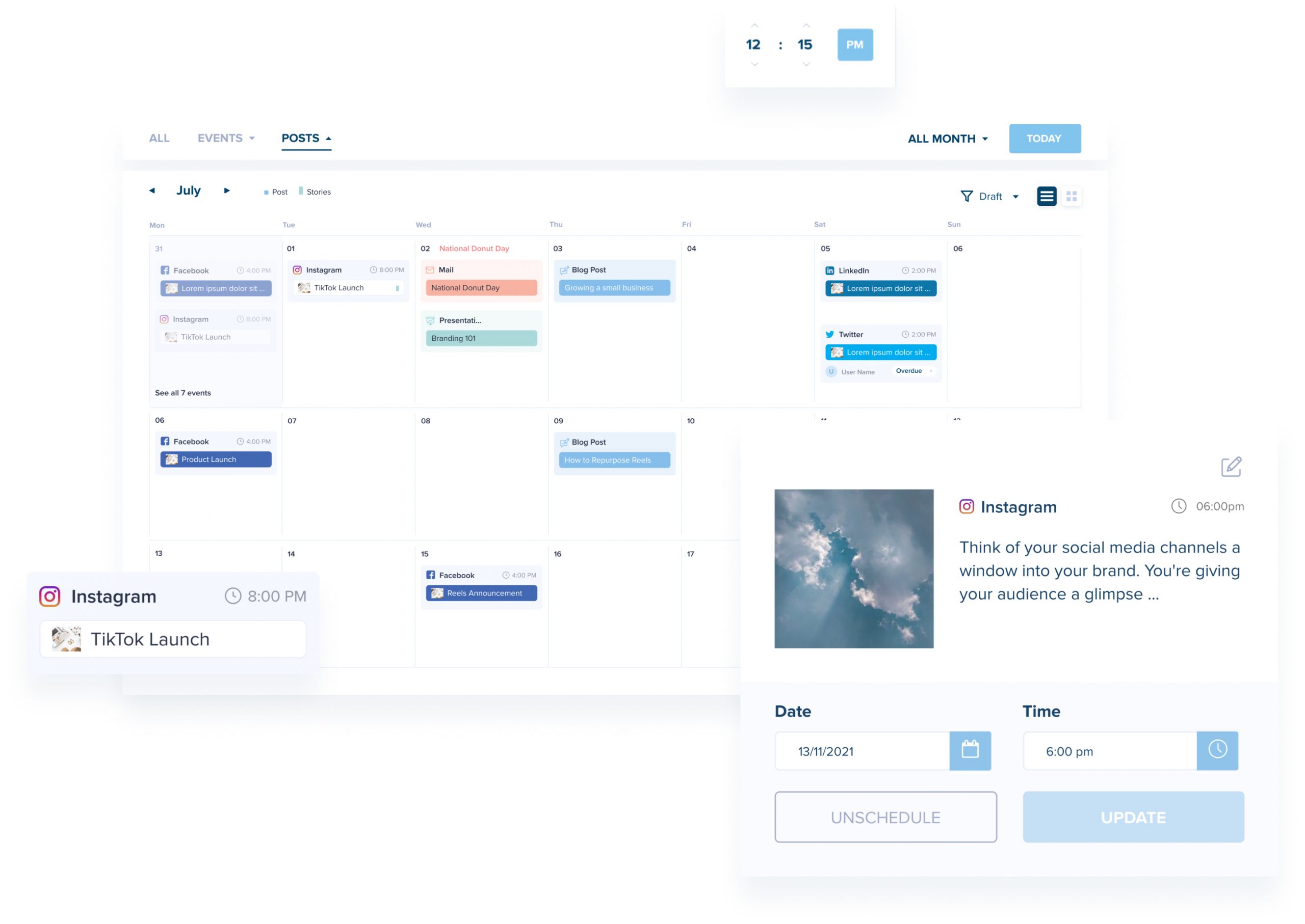 A digital calendar interface displaying scheduled social media posts for July, including Instagram and TikTok posts with options to update or unschedule. A highlighted Instagram post features a sky image and a motivational caption | Social media scheduler | plannthat.com