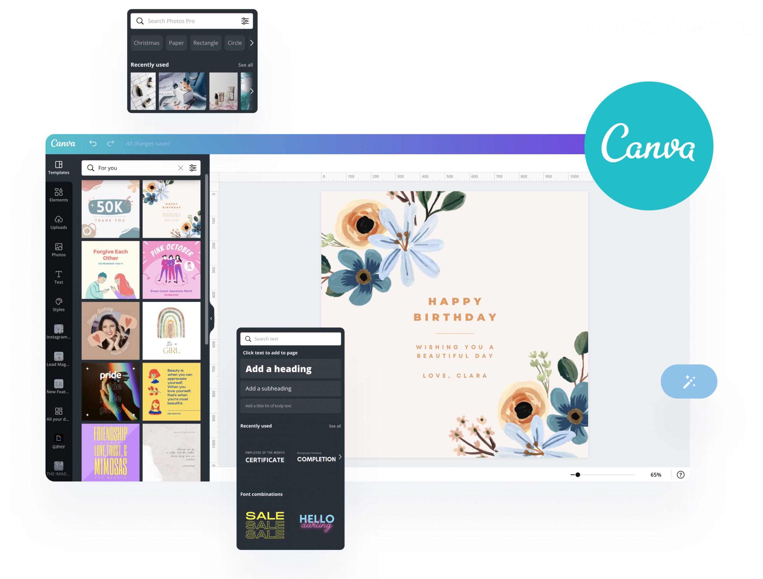 Canva design interface showing a floral "Happy Birthday" card template with a sidebar displaying various templates and design elements. The search bar and text options are visible for customization, ideal for a social media planner | plannthat.com