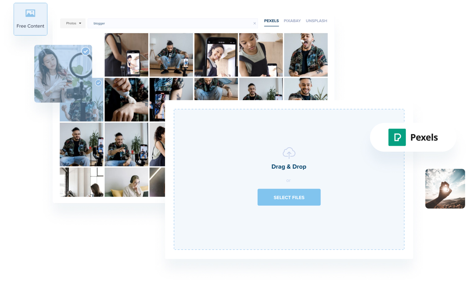 A screenshot showcasing a photo search interface with various blogger images from Pexels, featuring a drag-and-drop upload box for adding files, ideal for a social media scheduler | plannthat.com