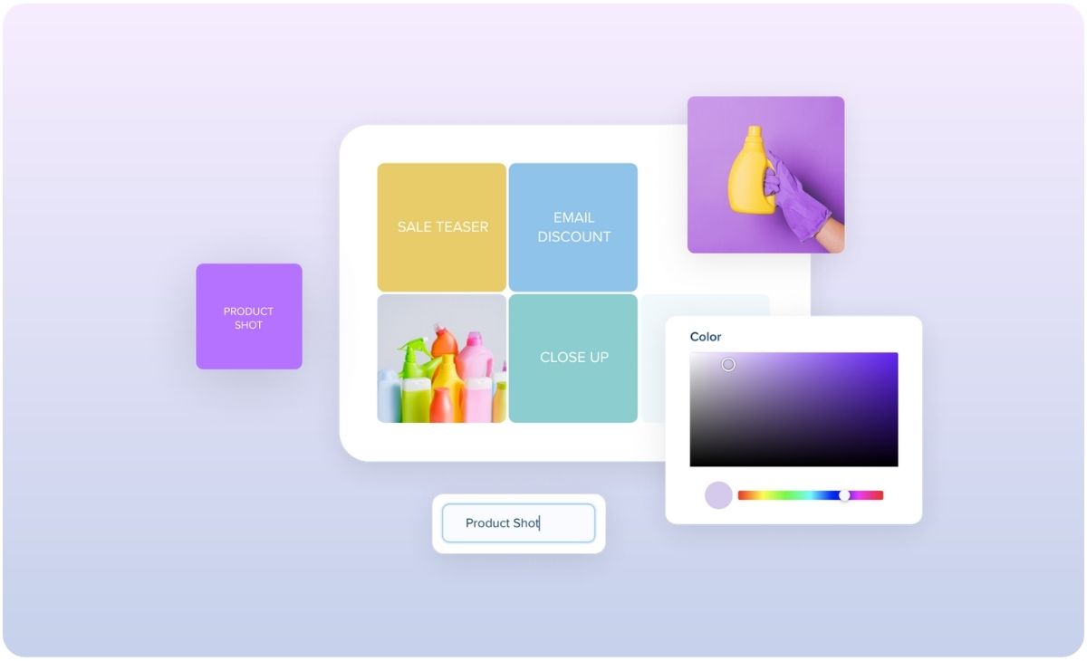 Colorful product shots of cleaning supplies with labels for "Sale Teaser," "Email Discount," and "Close Up." A gloved hand holds a yellow bottle, and a color picker is displayed on a gradient purple background, showcasing a social media planner | plannthat.com