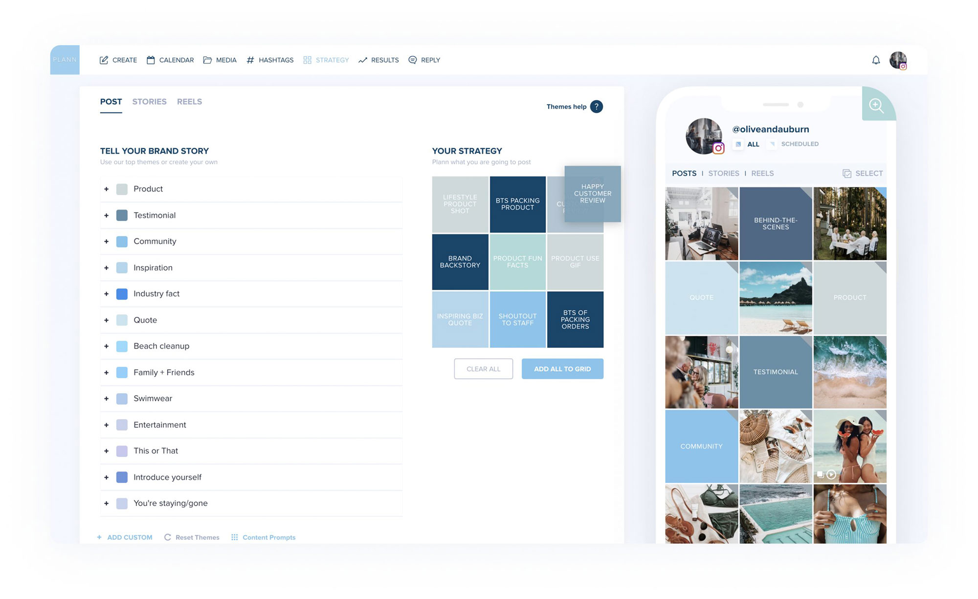 Social media strategy planning tool interface with content categories like Product, Testimonial, Community, and Inspiration, featuring a mobile preview of posts including quotes, product shots, and testimonials | plannthat.com