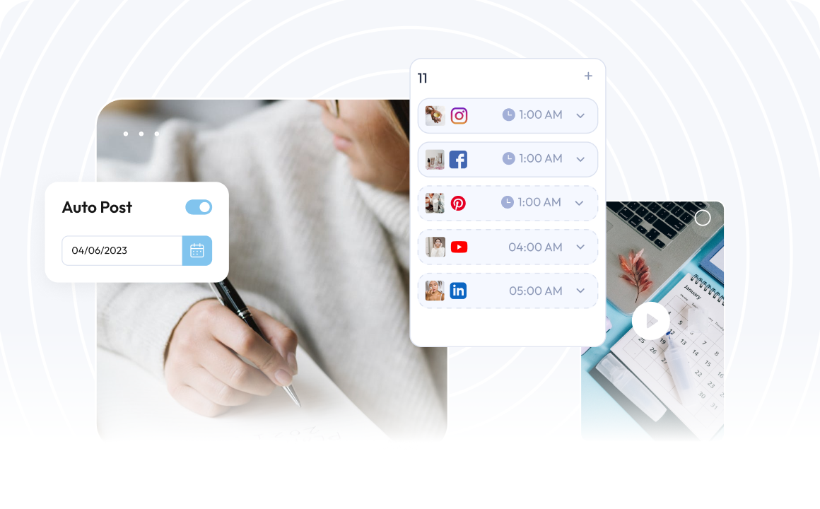 A person setting automated social media posts for Instagram, Facebook, Pinterest, YouTube, and LinkedIn on a scheduling platform, with a calendar and laptop in the background | plannthat.com