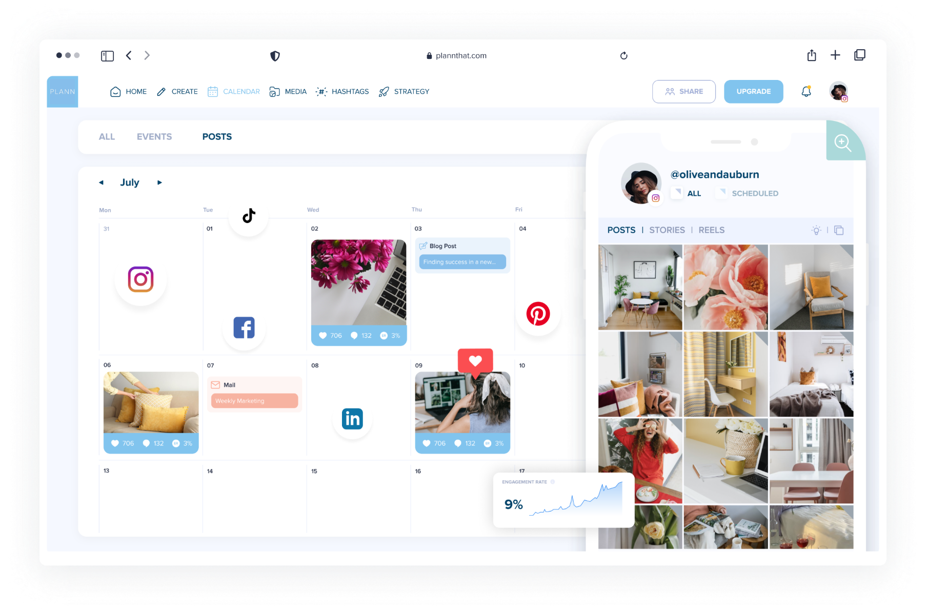 A digital content calendar interface displaying scheduled social media posts for Instagram, Facebook, and LinkedIn, with a mobile preview of a user's Instagram profile showing posts, stories, and reels. The interface includes navigation and analytics features, serving as an effective social media scheduler. | plannthat.com
