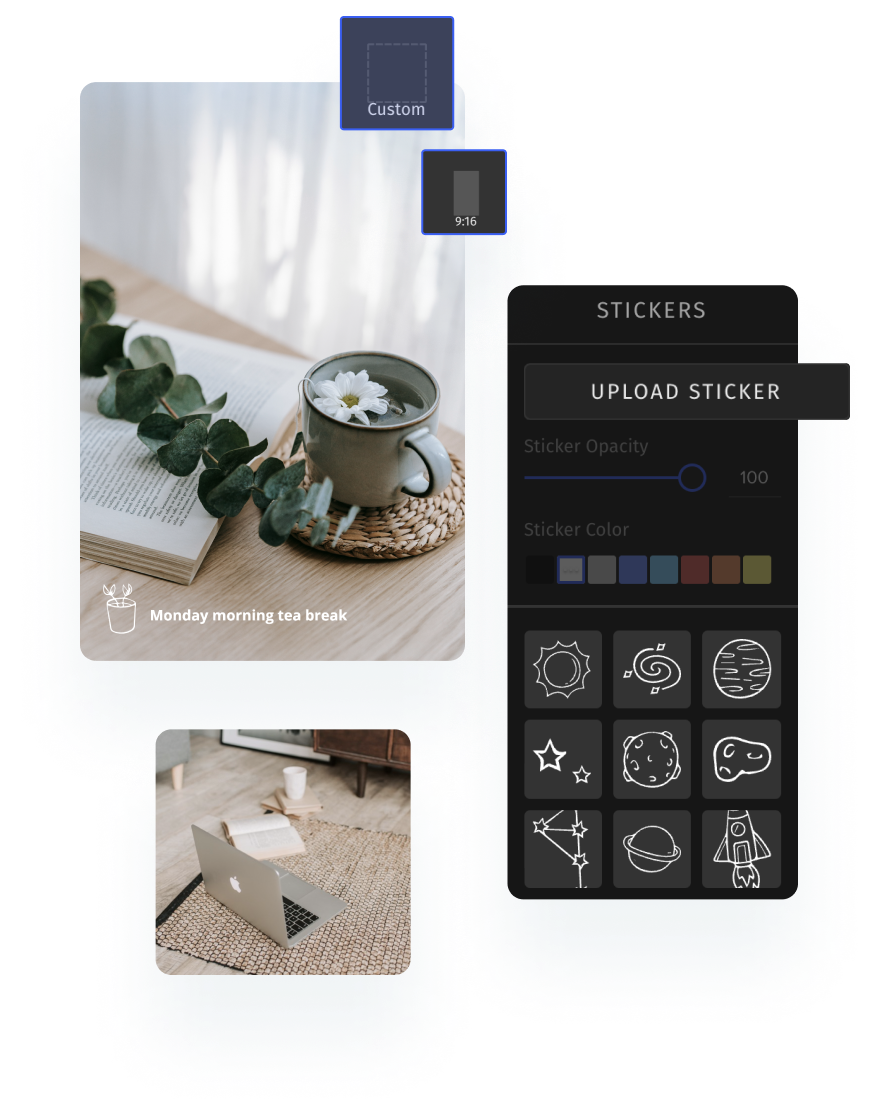 Image editing interface featuring a photo of a tea cup with a flower and a laptop on the floor, with options for custom photo sizes and stickers, including opacity and color adjustments. Text: "Monday morning tea break." | Social media scheduler | plannthat.com