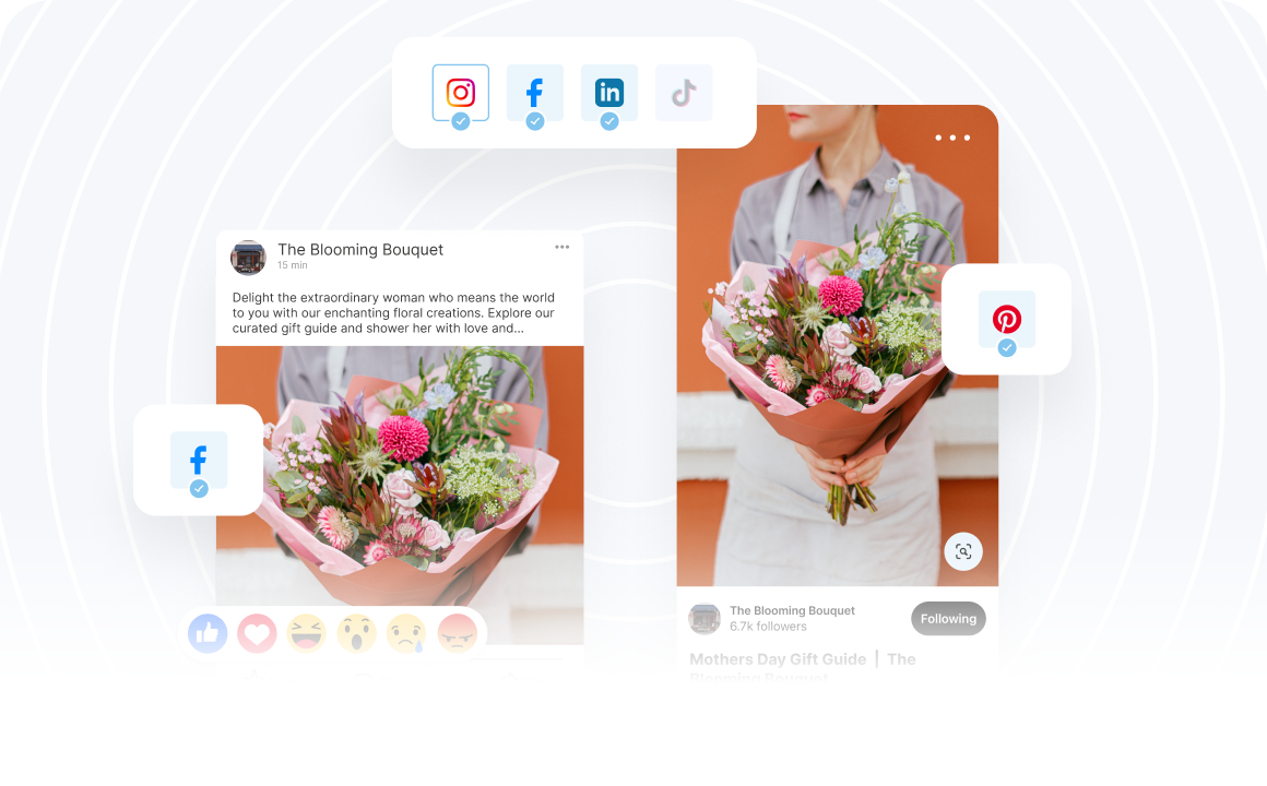 A person holding a bouquet of flowers, promoting "The Blooming Bouquet" on social media platforms like Facebook, Instagram, LinkedIn, Pinterest, and TikTok, encouraging followers to explore a curated gift guide for Mother's Day using a social media planner | plannthat.com