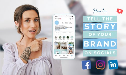 Woman pointing at a phone displaying a social media planner with text "How to: Tell the story of your brand on socials" and icons for Facebook, Instagram, and LinkedIn | plannthat.com