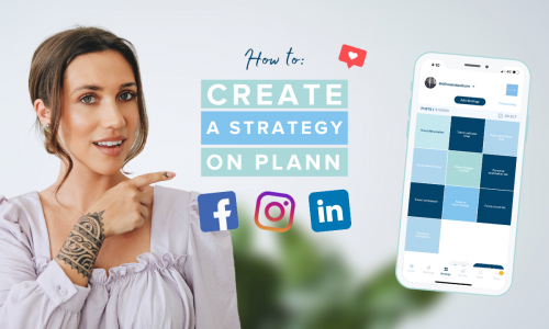 Woman pointing at text "How to: Create a Strategy on Plann" with social media icons (Facebook, Instagram, LinkedIn) and a smartphone displaying a content planner | social media planner | plannthat.com