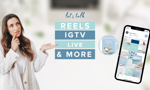 Woman in white blazer pointing to text "let's talk REELS, IGTV, LIVE & MORE" with a smartphone displaying Instagram content | Social media scheduler | plannthat.com