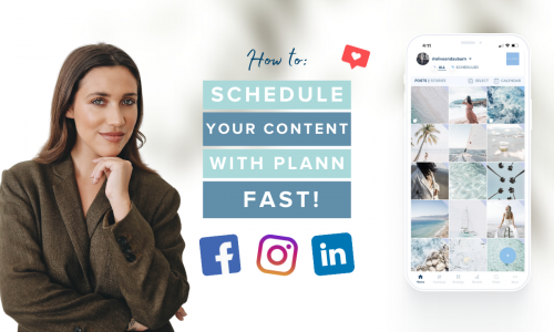 A woman in a brown blazer stands next to text reading "How to: Schedule Your Content with Plann Fast!" with social media icons for Facebook, Instagram, and LinkedIn, and a smartphone displaying a social media scheduler app interface | plannthat.com