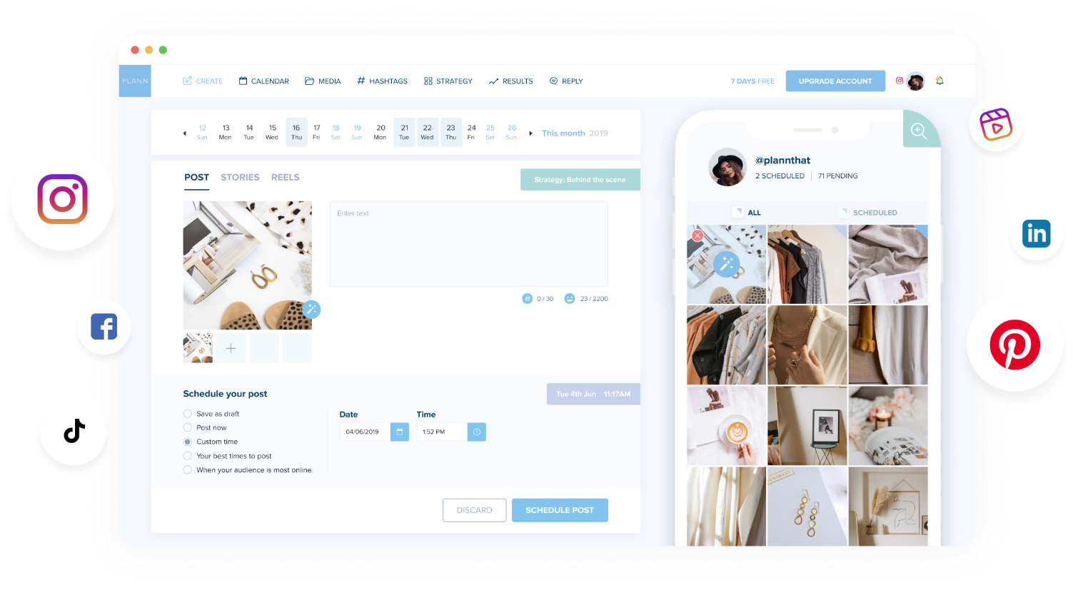 A social media scheduler interface displaying a calendar, post scheduling options, and social media icons. The screen shows a draft post with image attachments and a preview of an Instagram profile with various photo thumbnails. | plannthat.com