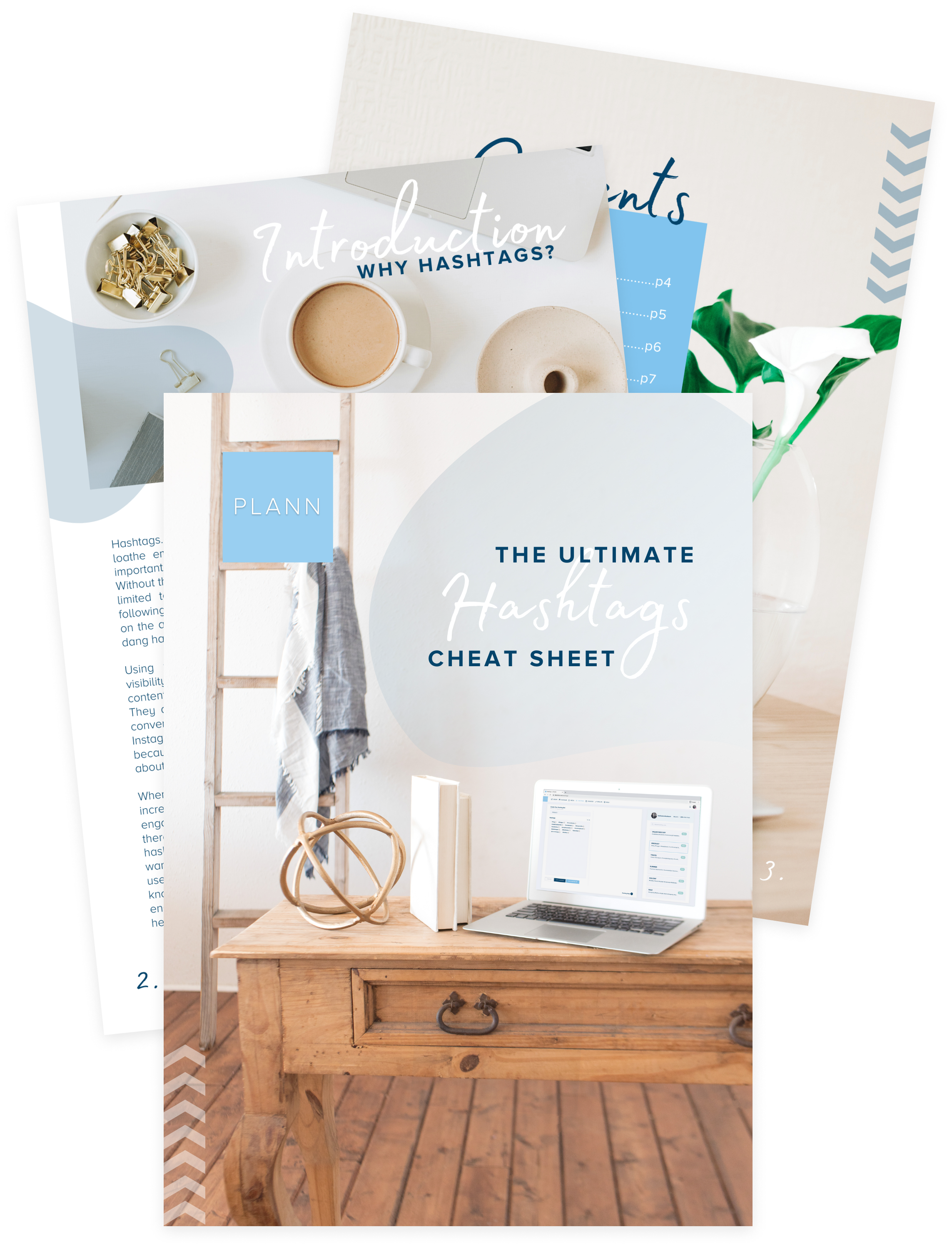 A mockup of a hashtag guide on a wooden desk with a laptop, books, and decor. The cover reads "The Ultimate Hashtags Cheat Sheet" with additional pages showing contents and an introduction to hashtags, ideal for a social media planner | plannthat.com
