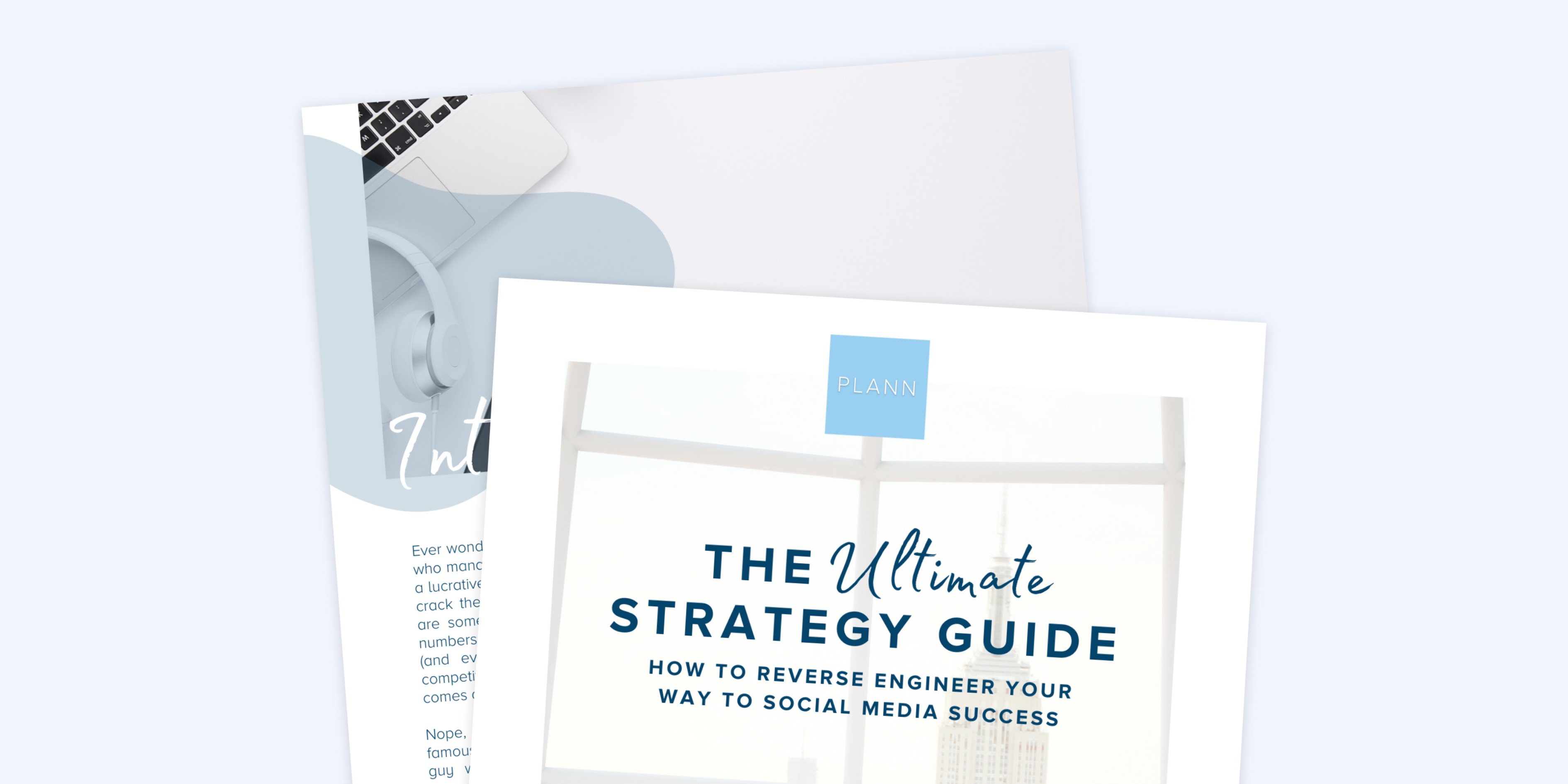 Promotional image for Plann's "The Ultimate Strategy Guide" focusing on social media success, featuring a laptop and headphones in the background | social media planner | plannthat.com