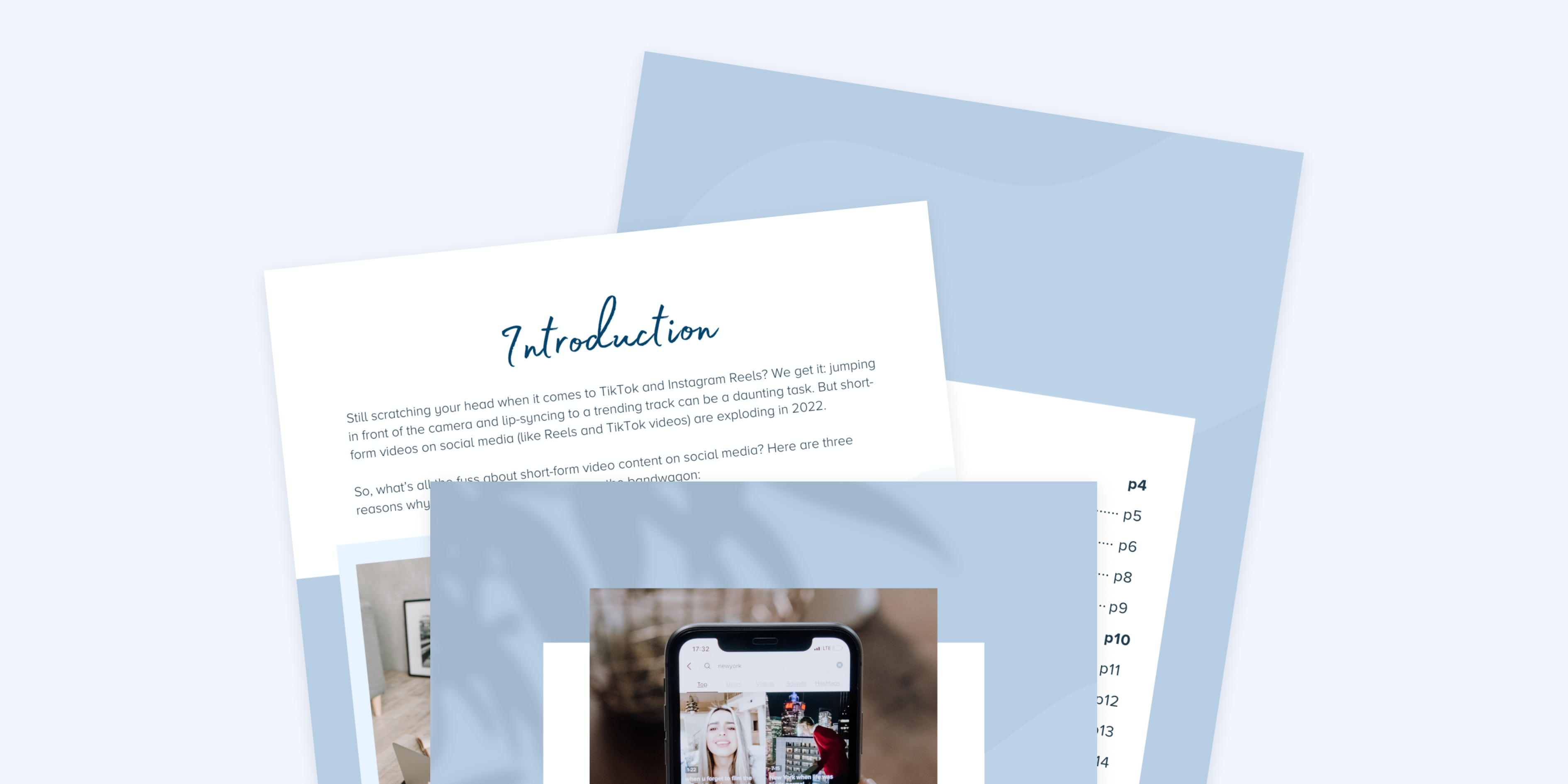 Stacked pages with an introduction to TikTok and Instagram Reels, discussing the rise of short-form video content. The top page features a smartphone showing a person on social media, highlighting the use of a social media planner | plannthat.com