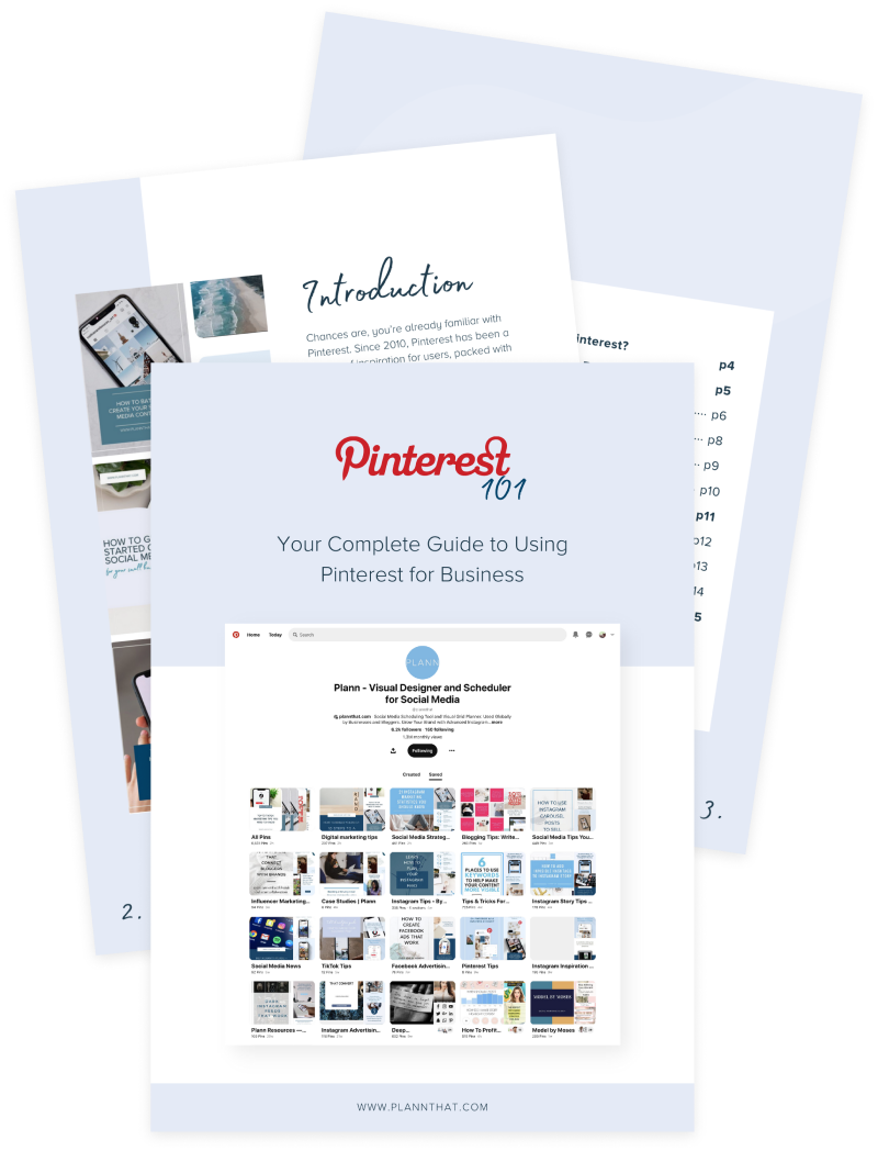 Guidebook titled "Pinterest 101: Your Complete Guide to Using Pinterest for Business" with introductory pages and a visual social media planner | plannthat.com