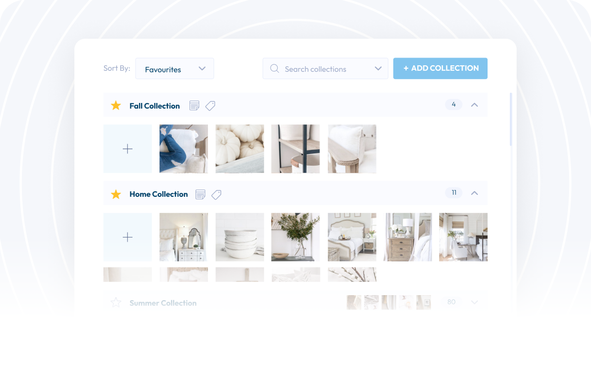 A digital interface displaying organized image collections titled "Fall Collection" and "Home Collection" with options to add new collections, sort by favorites, and search within collections, ideal for a social media planner | plannthat.com