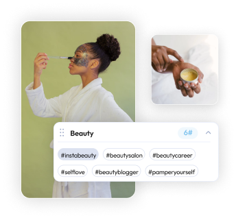 Woman in a robe applying face mask with a brush, hands holding a beauty product, text "Beauty" with hashtags like #instabeauty, #beautysalon, #selflove | Social media planner | plannthat.com