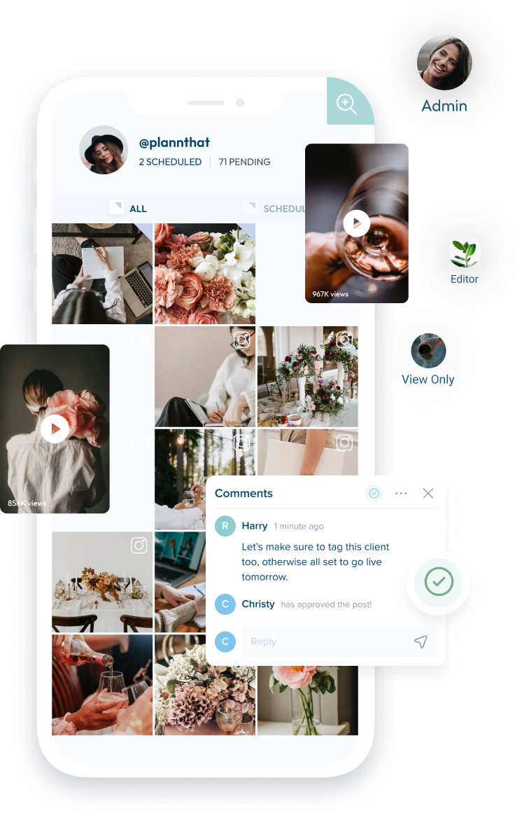 Mobile app interface showing scheduled and pending posts with images and videos, user roles like Admin, Editor, and View Only, and a comments section with team discussions on post approvals and tagging | Social media scheduler | plannthat.com