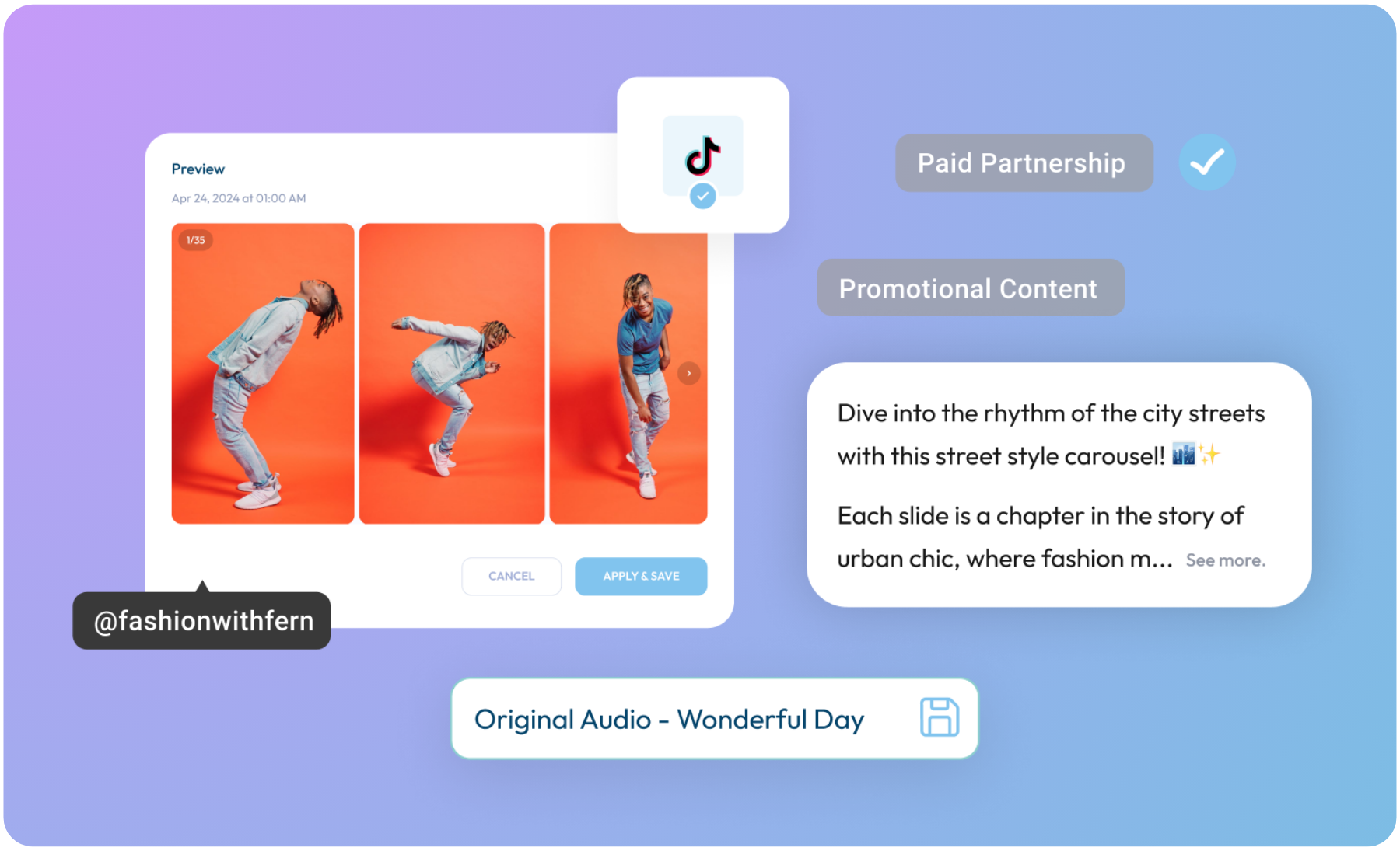 TikTok promotional post by @fashionwithfern featuring a street style carousel with three poses against an orange background, includes original audio "Wonderful Day," marked as paid partnership | plannthat.com