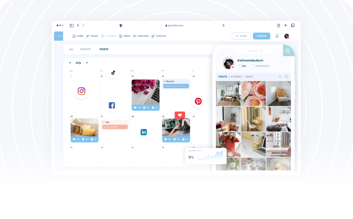 A social media scheduler interface displaying a calendar view with scheduled posts for Instagram, Facebook, and LinkedIn, along with a mobile preview showing posts and engagement metrics, set against a subtle gradient background | plannthat.com